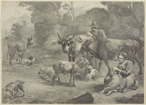 Landschap met een herder en een naaiende herderin