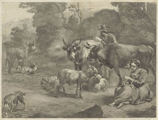 Landschap met een herder en een naaiende herderin