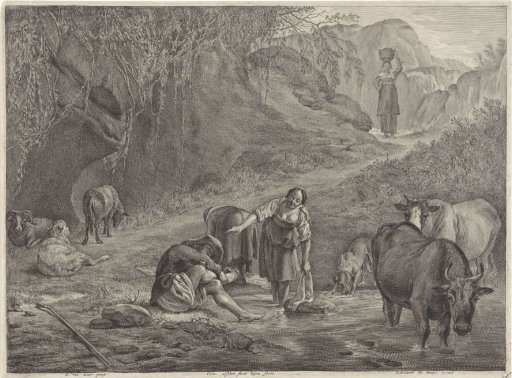Wasvrouwen en een herder aan de waterkant