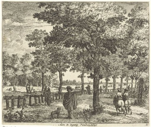 Walking figures along rows of trees