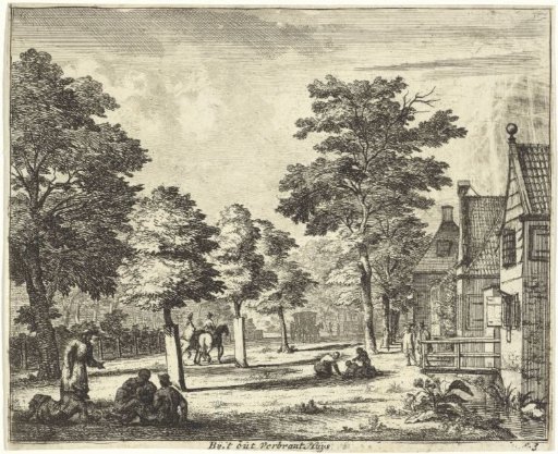 Seated figures along a row of trees and houses