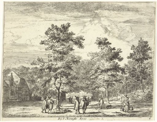 Walking figures on an avenue with trees
