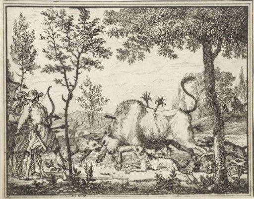 Hunters With Dogs Shooting Arrows at a Bull