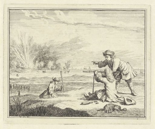Figures with a Telescope Watching a Naval Battle