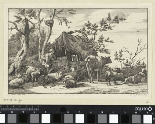 Seated Shepherd with Livestock in front of a Dilapidated Barn