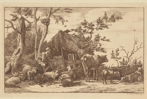 Seated Shepherd with Livestock in front of a Dilapidated Barn