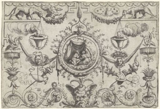 Ornament with three figures kneeling under a cloth