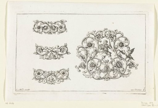Three small motifs and one large motif of leafy scrolls with flowers