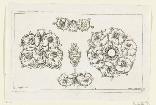 Two large and three small motifs with leafy scrolls and flowers