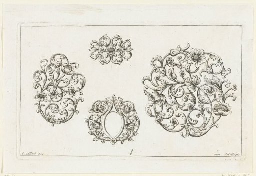 Three small motifs and one large motif of leafy scrolls and flowers