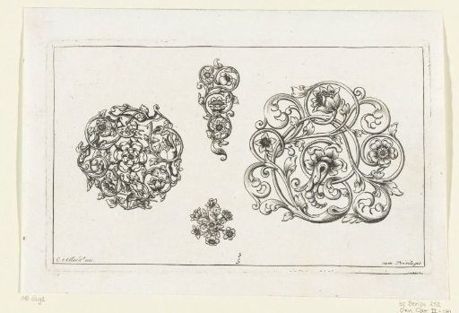 Two large and two small motifs of leafy scrolls and flowers