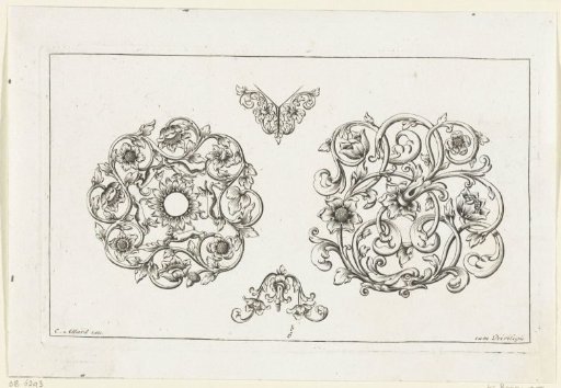 Two large and two small motifs of leafy scrolls and flowers