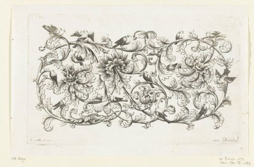 Leafy scroll with three wreaths and birds