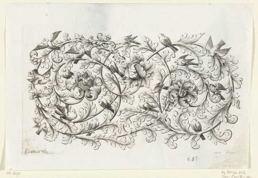Leafy scroll with three flowers and birds