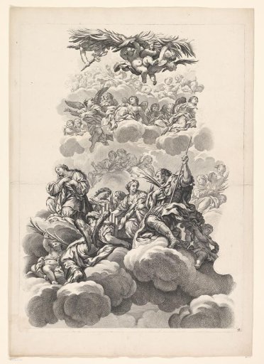 Saints around an organ in the clouds