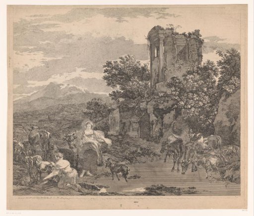 Landscape with Two Shepherdesses and Drinking Cattle near a Ruin