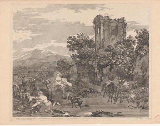 Landscape with Two Shepherdesses and Drinking Cattle near a Ruin