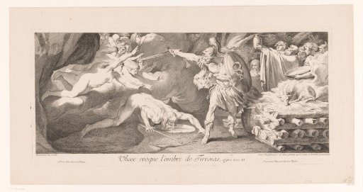 A wide engraved plate. Odysseus crouches with sword and shield over a pit while the shades of the dead stream toward him from the left. Sheep and offerings lie stacked at the right.