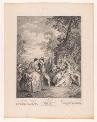 Dancing couple with a gallant company in a garden