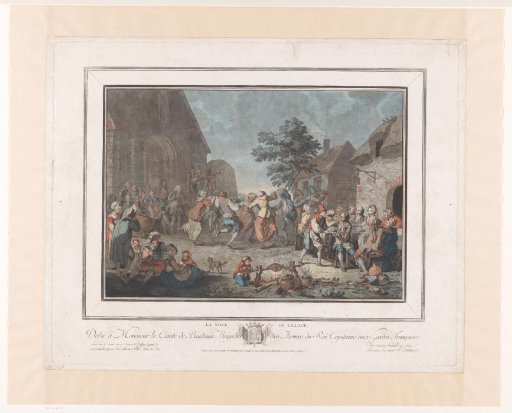 Village festival with dancing and eating figures