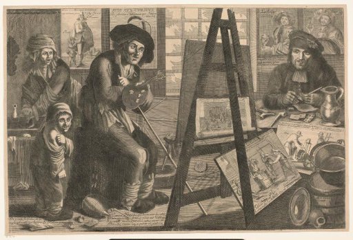 Man mending a pipe at a table with a painter, his wife and children in the workshop