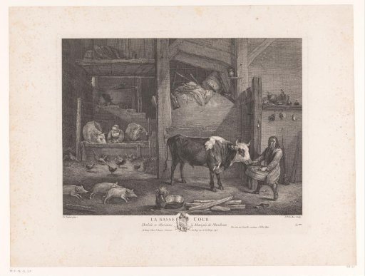 Two peasants driving cattle into a stable