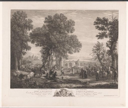 Dancing figures in a landscape with a bridge in the background