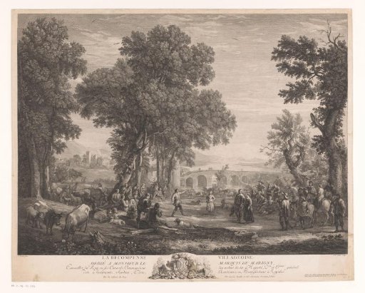 Dancing figures in a landscape with a bridge in the background
