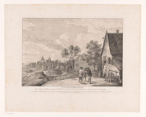 Three men with a dog in front of the house of a knife grinder