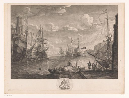 Ships in a harbour on a rocky coast