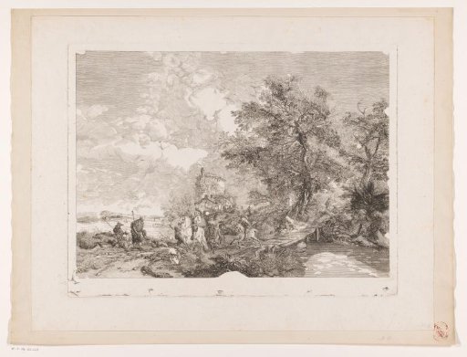 Hunting party in a landscape with a bridge