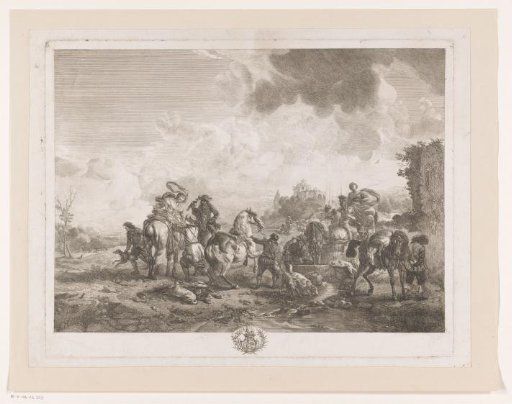 Resting hunting party by a fountain