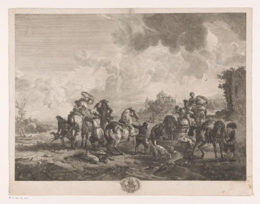 Resting hunting party by a fountain