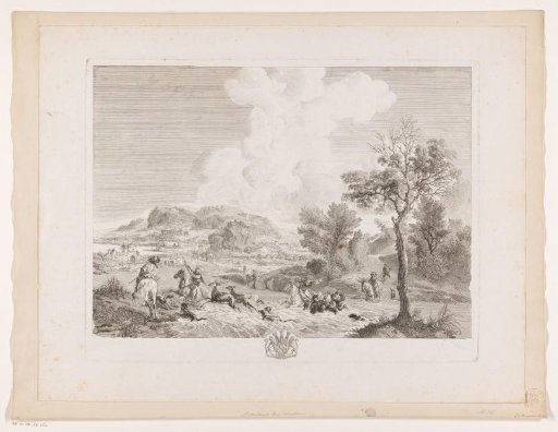 Stag hunters fording a river