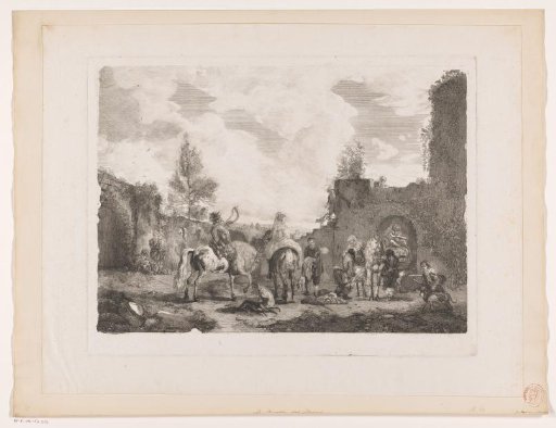 Resting hunting party in a courtyard