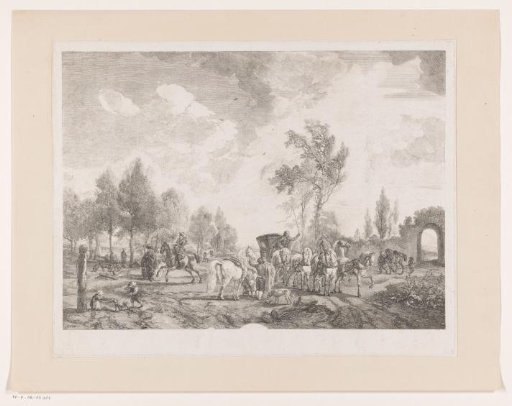 Riders and a coach with six horses in a landscape