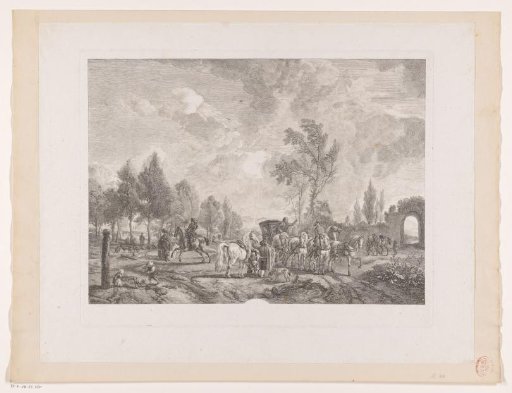 Riders and a coach with six horses in a landscape