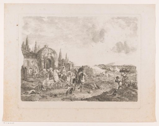 Hunting party by a stream with a Neptune fountain in the background