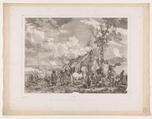 Soldiers and other figures preparing to depart in front of a military tent