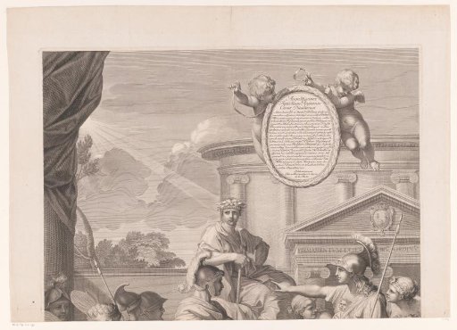 Mars thrusts his sword into the flames before a temple (upper part)