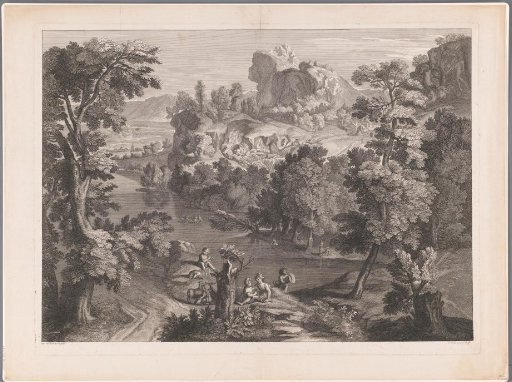 Hilly landscape with shepherds by a river