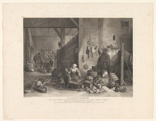 Peasant interior with a woman at a spinning wheel