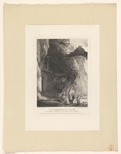 Figures at a house built among rocks