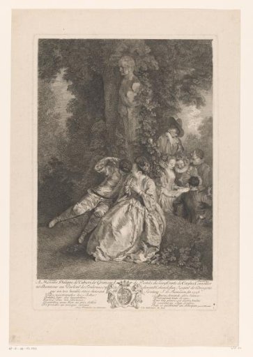 Harlequin pays court to a woman in a garden