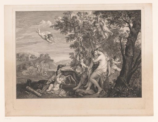 Two women embracing each other surrounded by putti during the hunt