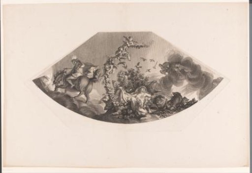 Ceiling decoration with a woman among animals and a man on horseback