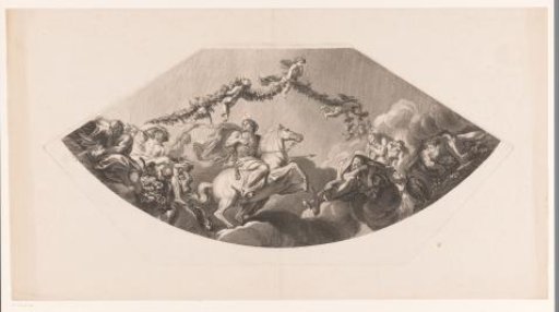 Ceiling decoration with a man on horseback and sleeping bacchantes
