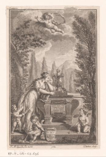 Title page print with a woman with putti at a tomb in a garden
