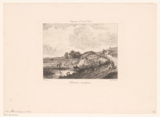 Landscape with a rider and a hunter with dogs on a sandy path