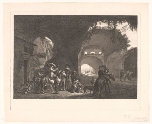 Cave with a ruin and resting hunters